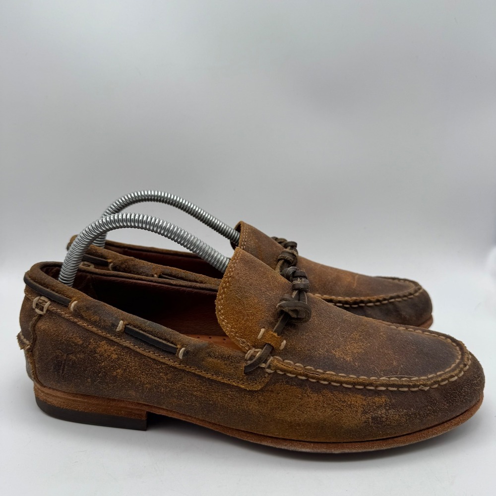 Frye Mens 8 Tan Distressed Leather Venetian Loafers 3482194-TAN Braided Moccasin